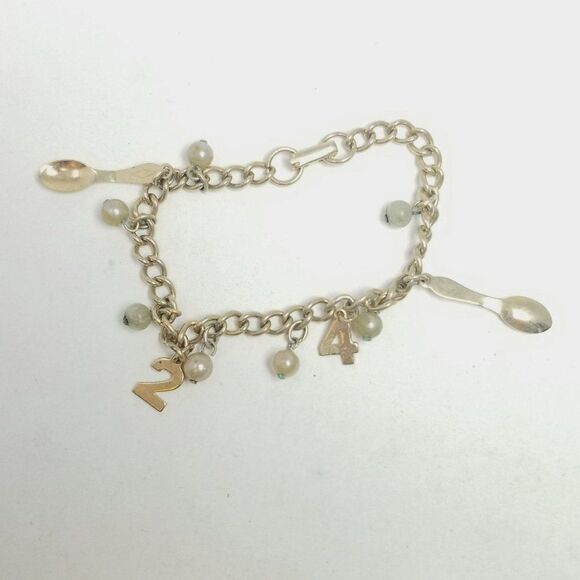 Vintage Gold Tone Charm Bracelet, 2 4 Spoons and Faux Pearls, Retro Estate - Picture 6 of 6